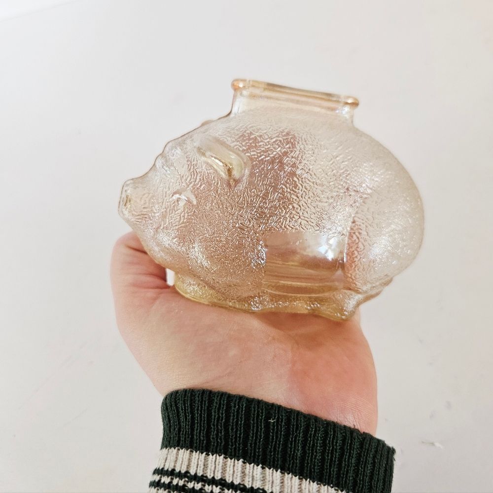 Vintage Anchor Hocking Textured Pink Peach Pressed Depression Glass Piggy Bank